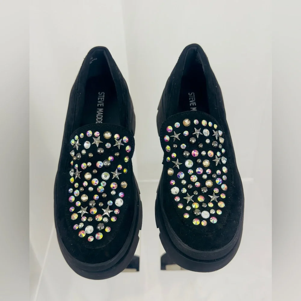 Steve Madden Black Velvet Chunky Sole Loafers -  Multicolored Studs Girls 2 NWT